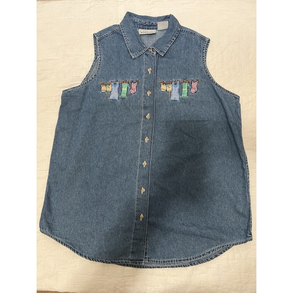 Vintage 90s Denim 100% Cotton Embroidered Sleeveless Button Down L - Picture 3 of 4